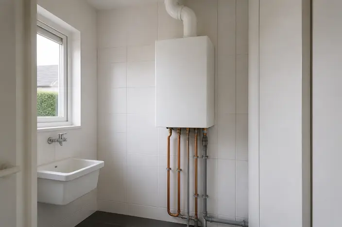 AI-beeld: een witte cv-ketel zonder merk aan een betegelde wand in een bijkeuken, met leidingen eronder en een wasbak onder het raam