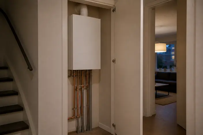 AI-beeld: een witte cv-ketel zonder merk in een open kast in de hal, met koperen en grijze leidingen eronder, op een winteravond